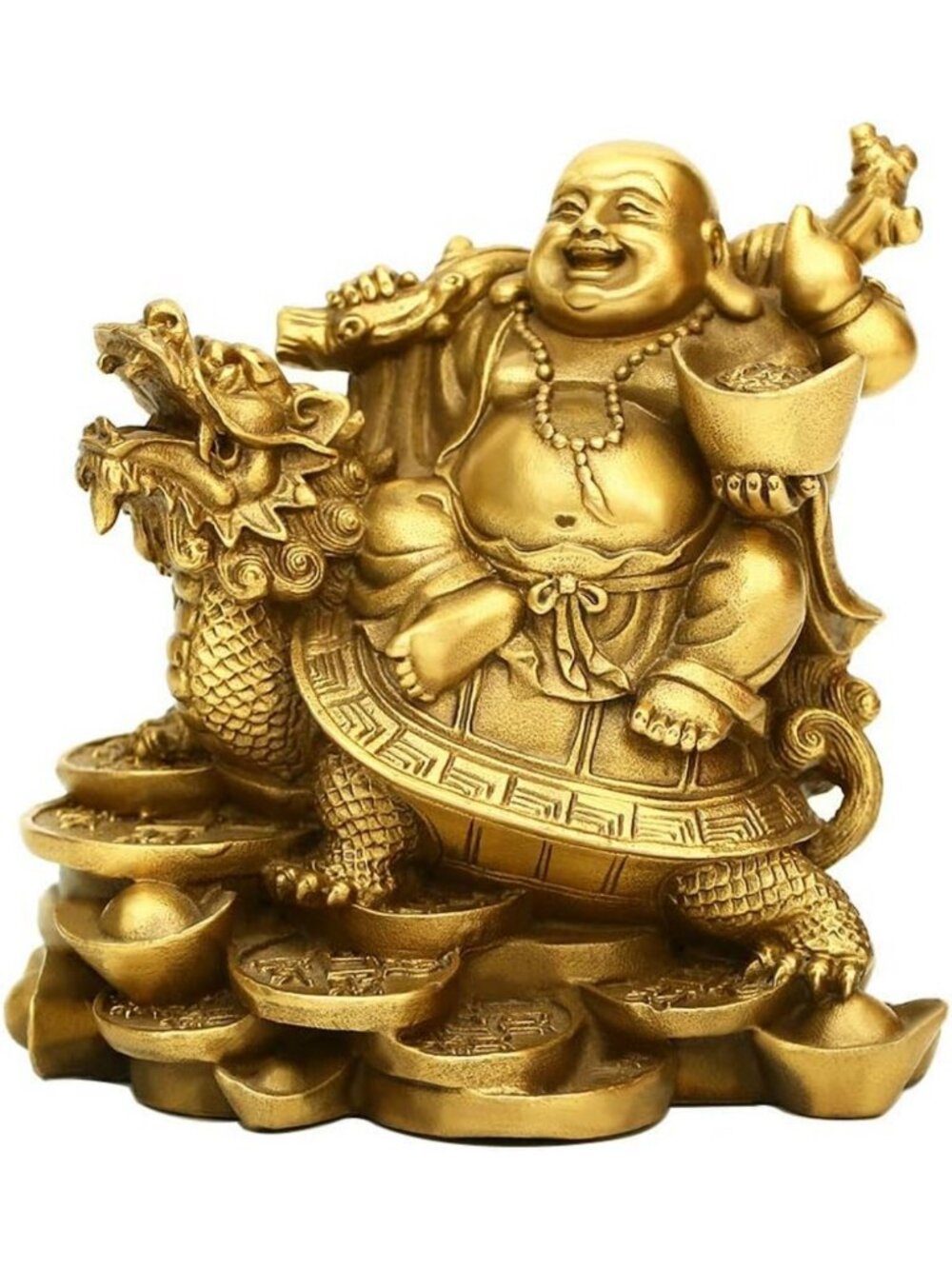 Brass Laughing Buddha Dragon Turtle Statue - Feng Shui Home Decor, 4.5in